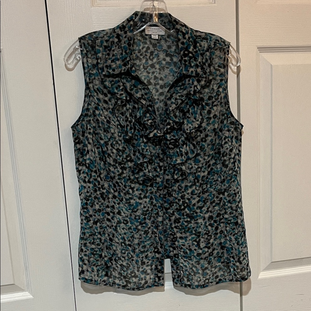 Tahari Teal and Black Ruffle Blouse